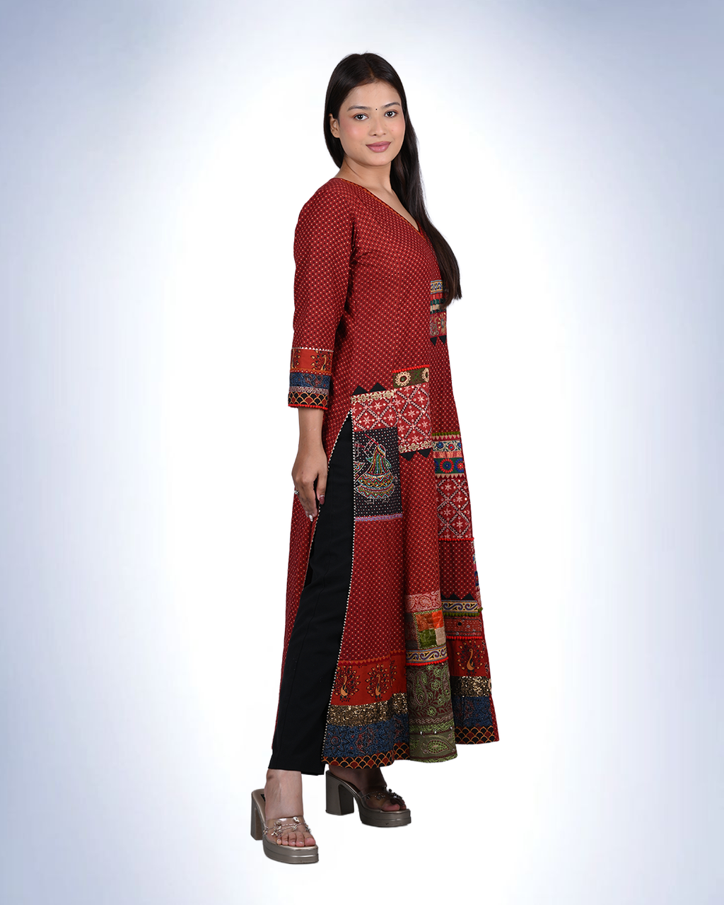 Ajrak 6-Kali Patchwork Dress | Handcrafted Cotton Ethnic Dress with Polka Prints
